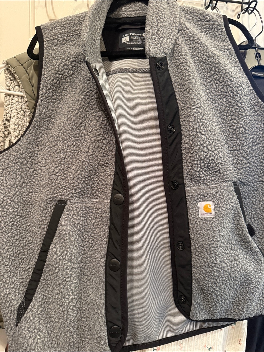 Carhartt Women’s Light Gray Sherpa Teddy Vest with Black Trim